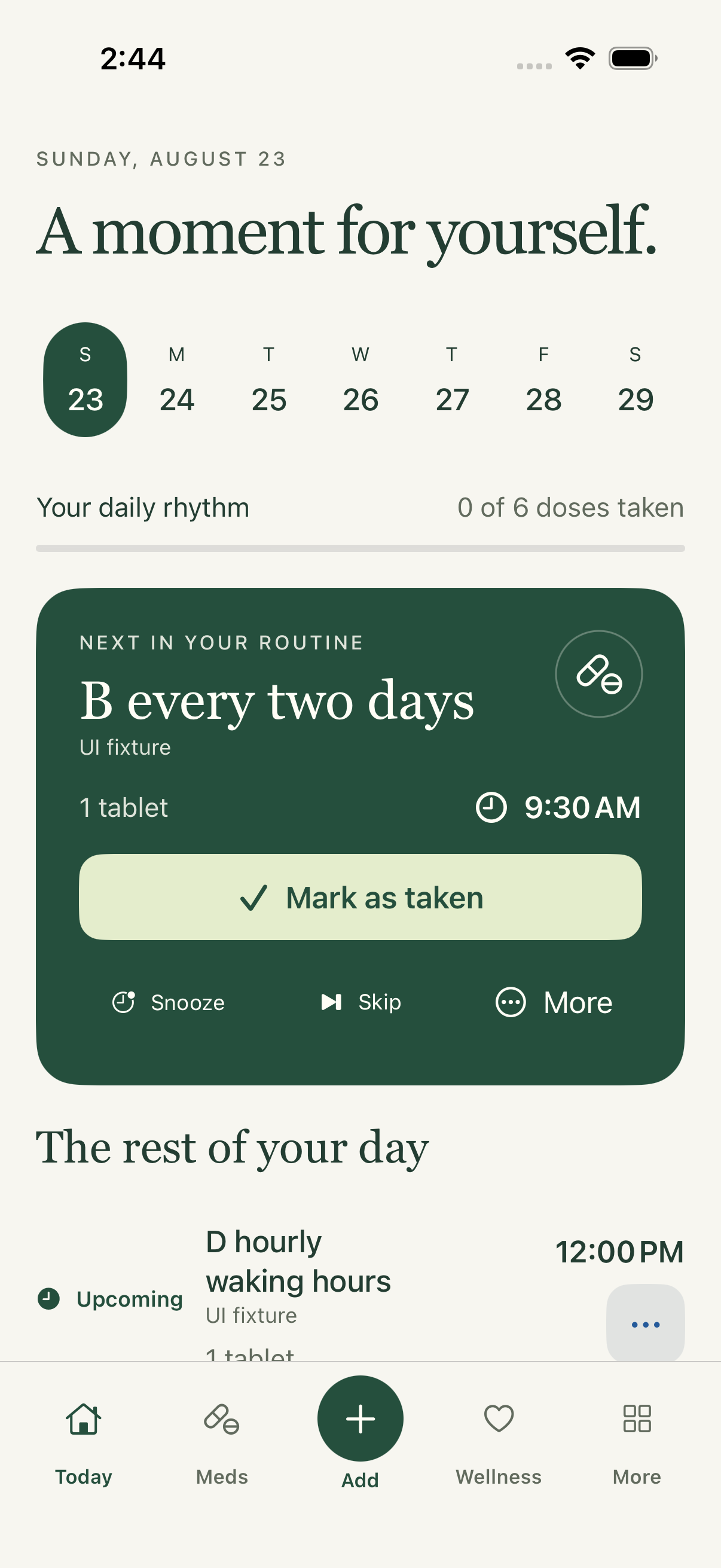 MedsGuardian Today screen with a clear next-dose reminder